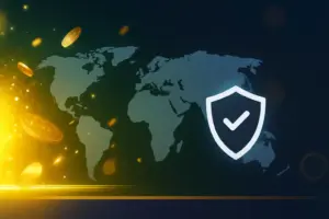 Mapa ng mundo na may icon ng kalasag — sumisimbolo sa ligtas at maaasahang access sa M88 Philippines.