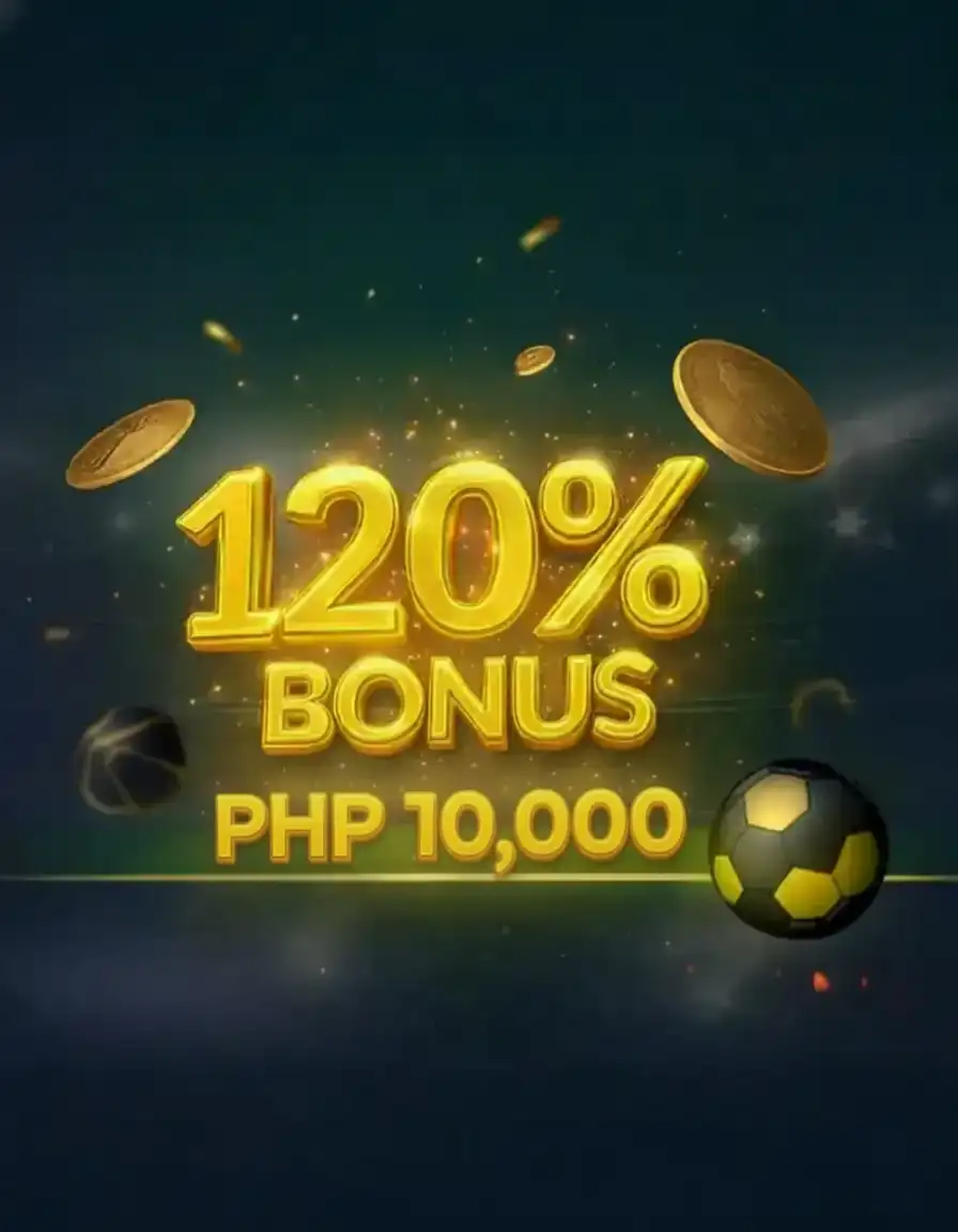 Isang manlalaro ng football sa gitna ng stadium, may mga gintong barya sa paligid, at may teksto na nagsasabing “120% Bonus PHP 3,000” sa background ng arena.